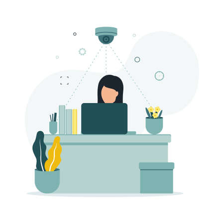 CCTV. Vector illustration a surveillance camera shoots a woman sitting at a table working at a computer, next to folders, pens, flower pots with indoor plants.のイラスト素材