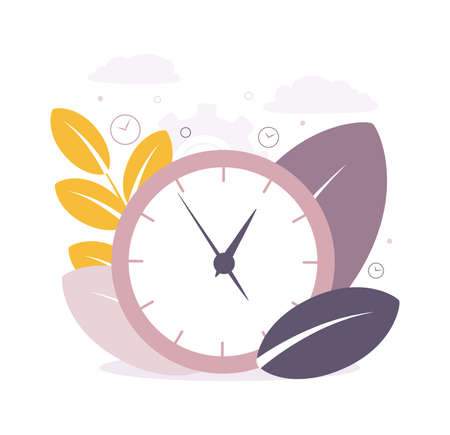 Time management illustration. The image of a clock, branches and leaves