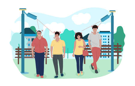 Face recognition illustration. Face recognition by camcorder. CCTV. CCTV camera recognizes faces of men and women. The camcorder recognizes the faces of a walking group of peopleのイラスト素材