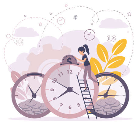 Vector illustration, alarm clock rings on white background, concept of work time management. Time is money.のイラスト素材