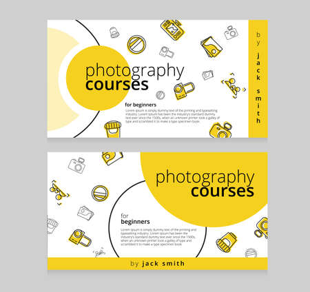 Banner photographer courses. Illustration banner with icons camera, camcorder, lens, lens, photograph, focus with silhouettes, inscription photography courses, text.のイラスト素材