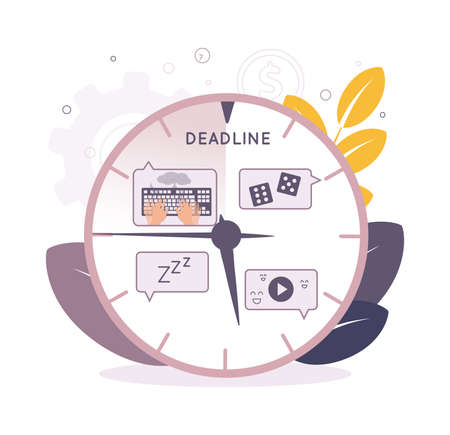 Time management illustration. Illustration of lack of time. Illustration deadline. Illustration with a clock, dice, a dream icon, a video icon, a keyboard.のイラスト素材