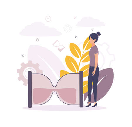Time management illustration. Illustration of a woman standing next to a lying hourglass, next to them are gears, branches with leaves, on the background of a clock cloudのイラスト素材