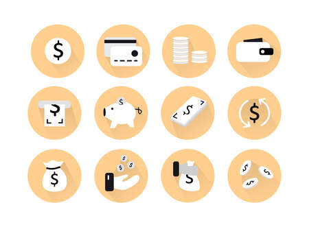 A set of money icons. Elements in the set: Money, wallet, piggy bank, coins, bag of money, credit cards.のイラスト素材