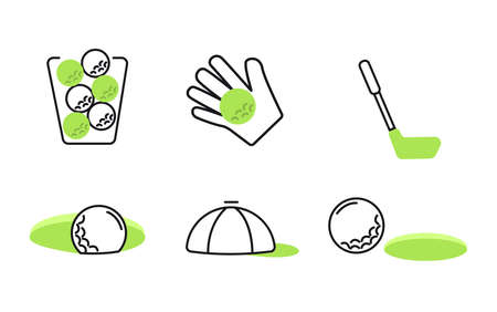 Golf icons set. Golf ball on a stand. A golfer with a stick near the ball on a stand. Cap. Golf ball near the holeのイラスト素材