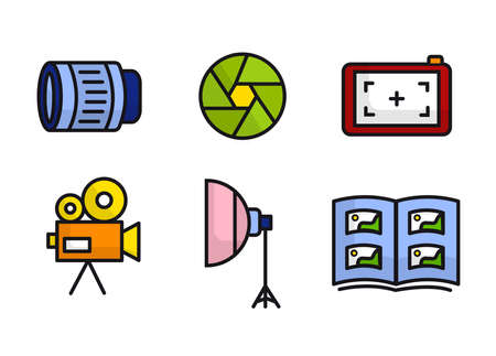 Colored photographer icon set. Photographer equipment icons. Lens, shutter, focus, photography, softbox, photo album.のイラスト素材