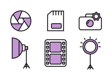 Photographer icon set with purple color. Photographer equipment icons. Photography, woking, lens, camera, memory card, photo album, tripod, shutter, camcorder, softbox, film, ring lampのイラスト素材