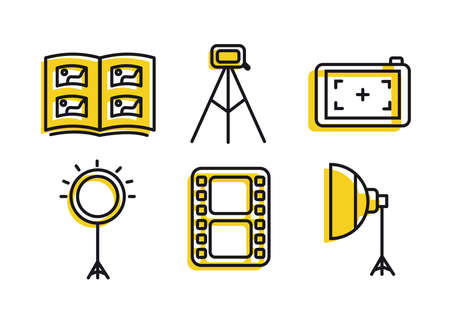 Photographer icon set with yellow. Photographer equipment icons. Photography, woking, lens, camera, memory card, photo album, tripod, shutter, camcorder, softbox, film, ring lampのイラスト素材
