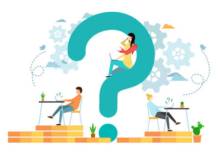 Business consulting and corporate solution. Flat line vector contour illustration of business woman and consultant with question and idea speech bubbles on gray. Financial support and expert adviceのイラスト素材