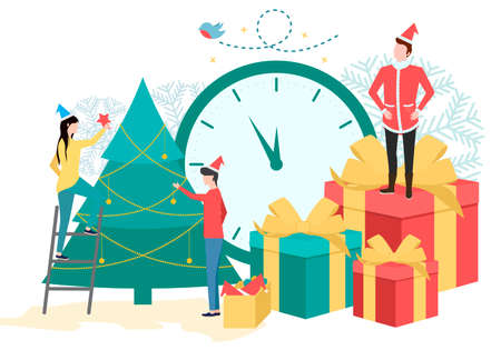 Vector illustration small people are preparing for the new year, are engaged in decoration, corporate in the office at workのイラスト素材