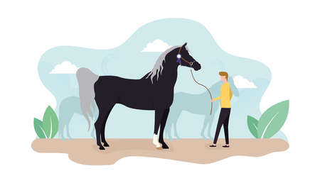Horse illustration. Illustration with the image of a horse, silhouette of a horse, man. Illustration of a man holding a horse by a rope, on a background of silhouettes of horses, sky, leaves.のイラスト素材
