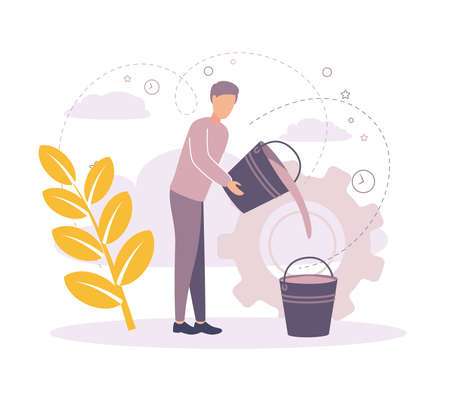 A man pours water from one bucket into another. A man pours water.のイラスト素材
