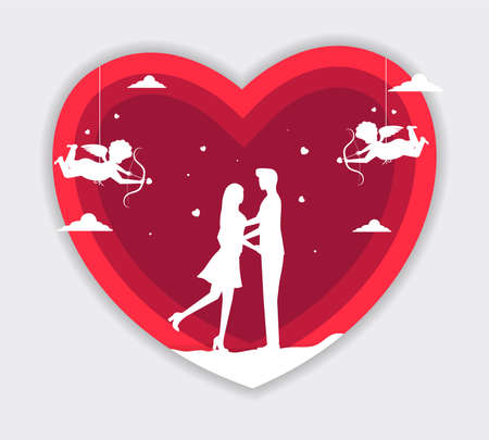Valentines day vector illustration with young couple in love. Boyfriend and girlfriend smile and...