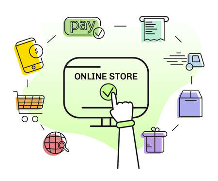 Online shop icon set. Elements in the set: credit card, box, contactless payment, package, car, online payment, delivery, check, giftのイラスト素材