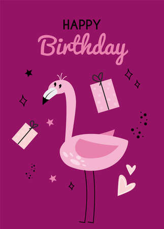 Illustration with flamingo and the inscription happy birhday on a pink background. Greeting card with flamingo, gift box and the inscription. Happy birthday greeting card with flamingos and gifts.のイラスト素材