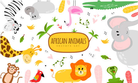 Illustration with animals and the inscription african animals vector set. Illustration with a zebra, rhino, flamingo, crocodile, elephant, snake, lion, parrot, monkey, giraffe. Illustration vector set of african animalsのイラスト素材
