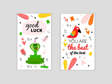 Set of cards with a snake and a parrot. Illustration with a snake and the inscription good luck. Greeting card with a snake and the inscription good luck. Greeting card with a happy birthday parrotのイラスト素材