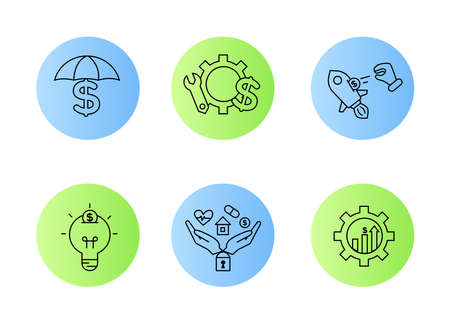 Financial services icons set. Icons insurance, venture capital, asset management. Icons gear with a mechanical key and a dollar sign, palm with a lock, a house, a heart, a tablet and a coin.のイラスト素材