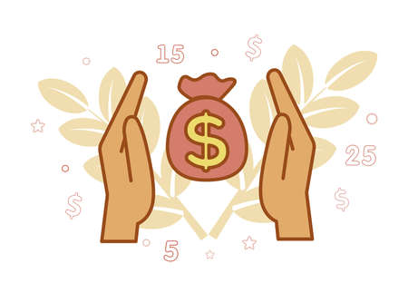Financial services. Insurance. Illustration of a money bag with a dollar sign between the palms, on the background of a branch with leaves, numbers, stars.のイラスト素材