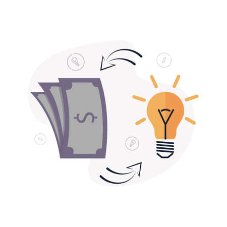 Venture capital. Illustration of a dollar bill and a light bulb, between them the arrows of turnover, on the background of icons with bulbs.のイラスト素材