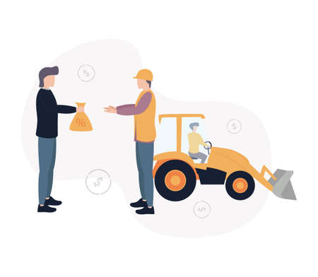 Lending to state infrastructure projects. Illustration of a man giving a money bag to a man in the form of a builder, behind them a bulldozer with a driver, dollar signs on the background.のイラスト素材