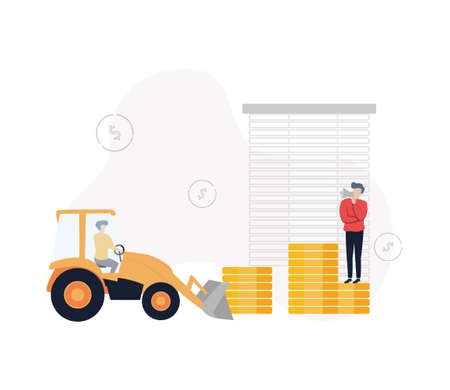 Asset Management. Illustration a man-driven tractor with a bucket carries coins, a man standing nearby with a bullhorn in his hand on a stack of coins, against the background of dollar signs.のイラスト素材