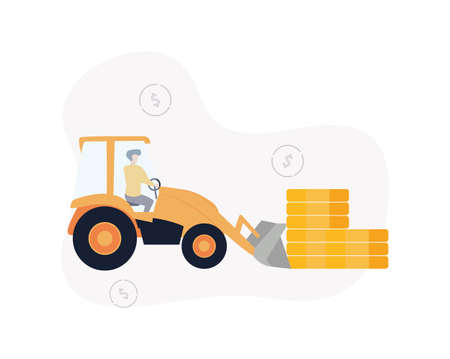Asset Management. Illustration a man-driven tractor with a bucket carries coins, dollar signs are on the background.のイラスト素材