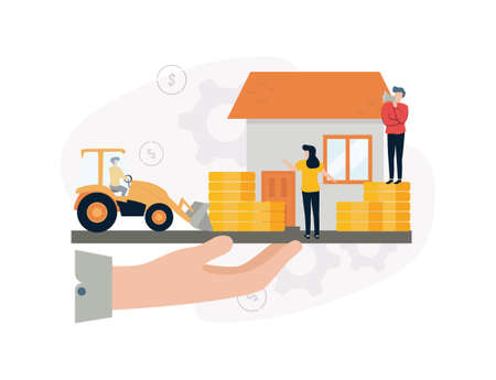 Asset Management. Illustration on a palm plate, on which a man with a horn manages the work of people, standing on a stack of coins near the house.のイラスト素材