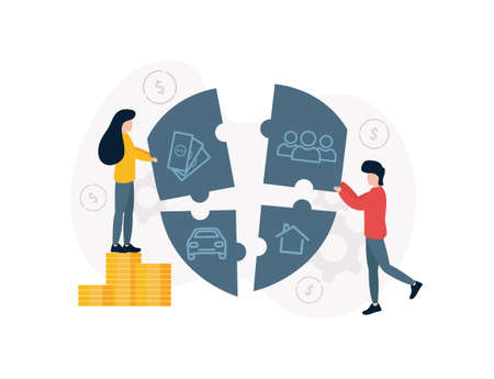 Insurance. Illustration of a woman on a stack of coins and a man stacking a guard icon out of a puzzle, on each of which banknotes, machine, house, man silhouette.のイラスト素材