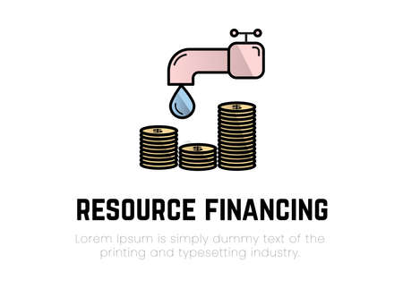 Finance. Financial services. Resource financing. Illustration  of a drop falling from a tap, under it stacks of coins, inscription resource financing, text.のイラスト素材