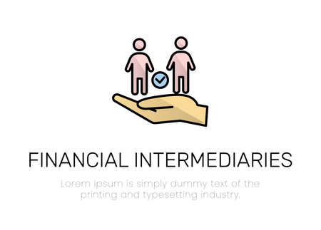 Finance. Financial services. Financial intermediaries. Illustration of the palm of two human silhouettes, between them a check mark, the inscription financial intermediariesのイラスト素材