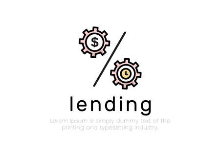 Finance. Financial services. Lending. Illustration of a percentage  with gears in which a dollar sign, clock, lending inscription, textのイラスト素材