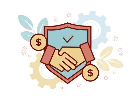 Finance. Financial services. Trust Services. Fiduciary services. Illustration of a guard icon, on it a handshake, coins, on the background of gears, dollar signs, stars, branches with leavesのイラスト素材