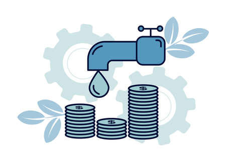 Finance. Financial services. Resource financing. Illustration of a drop falling from a tap, under it stacks of coins, on the background of gears, branches with leaves.のイラスト素材