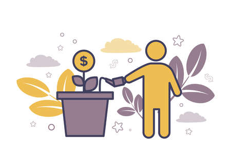Finance. Financial services. Trust Services. Fiduciary services. Illustration of a silhouette of a man watering a plant in a pot, instead of a bud a dollar coin, on a background of a branch with leaves, stars, clouds.のイラスト素材