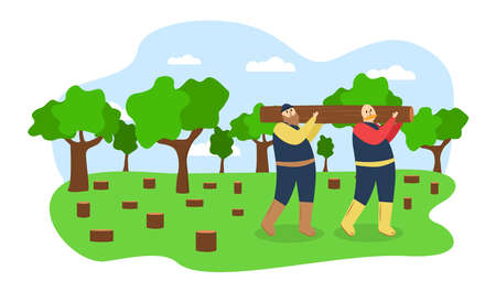 Ecology illustration. Illustration of felling trees. Two men carry a felled tree.のイラスト素材