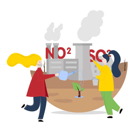 Illustration of air pollution by industrial enterprises and plant rescue. Women on the stairs water the tree against the backdrop of the plant. Near an industrial plant women water a treeのイラスト素材