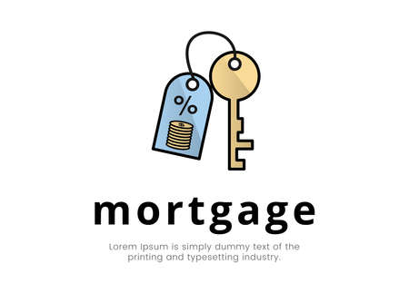 Finance. Financial services. Illustration of a key logo with a keychain on which coins and percentage, text, inscription mortgageのイラスト素材