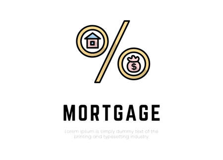 Finance. Financial services. Illustration of a percentage logo in the circles of which a house and a money bag, text, inscription mortgage.のイラスト素材