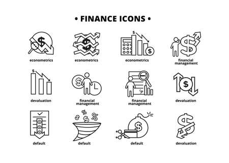 Finance icons set. Vector illustration of financial management, econometrics, devaluation, default. A dollar sign, next to which is the silhouette of a man, followed by an up arrowのイラスト素材