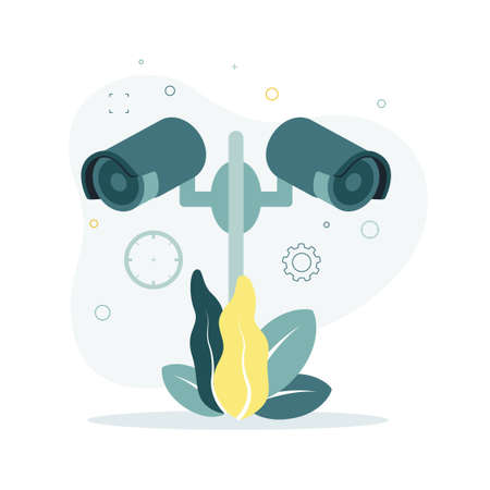 CCTV. Vector illustration of a cctv cameras, on the background of leaves, gear.のイラスト素材