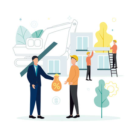 Finance. Vector illustration of lending. A man in a suit gives a money bag, on which the percent sign is to a man in a helmet, against the background of workers are building, an excavator, trees.のイラスト素材