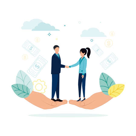 Finance. Vector illustration of financial intermediaries. A man and a woman stand on their palms and shake hands, against the background of banknotes, dollar coins, clouds, gear, leaves.のイラスト素材