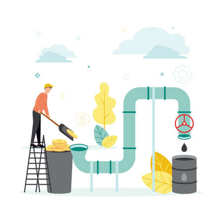 Finance. Vector illustration of resource financing. A man, standing on the stairs, throws coins with a shovel into the pipeline, from which a drop of oil falls into the barrel.のイラスト素材