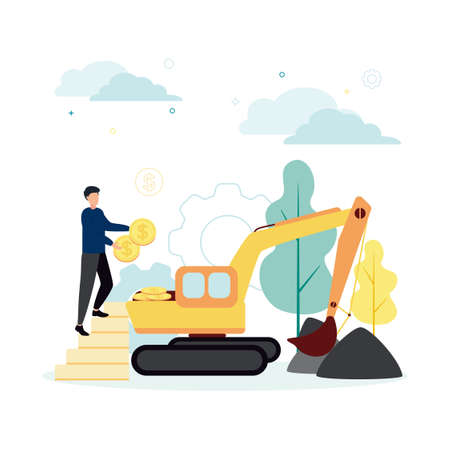 Finance. Vector illustration of resource financing. A man standing on a ladder throws coins into an excavator that collects coal, against the background of gears, plants, clouds.のイラスト素材