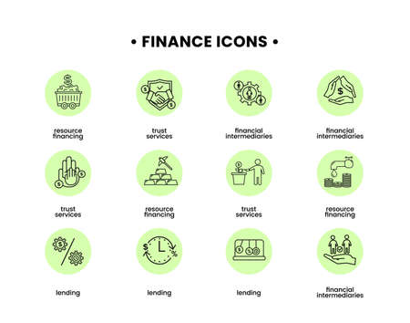 Finance icons set. Vector illustration of financial intermediary icons, resource financing, trust services, lendingのイラスト素材