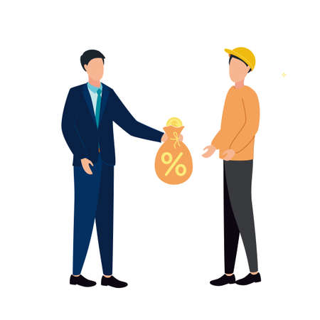 Vector illustration of a man in a business suit gives a money bag with a percent sign to a man in a helmet.のイラスト素材