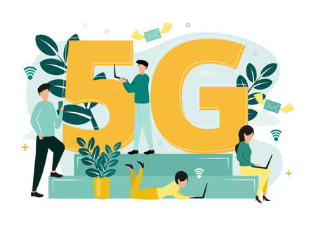 Vector illustration of 5G internet. Men with smartphone and netbook and women with laptops near the letter G and numbers 5, on the background of network icons, envelopes for letters, plantsのイラスト素材