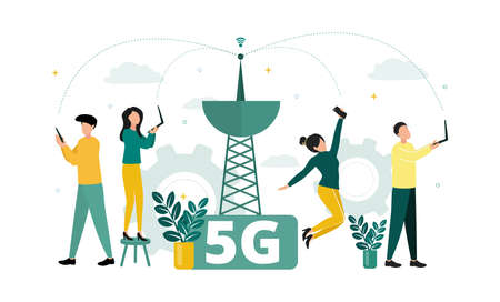 Vector illustration of 5G internet. Near the tower, women and men with laptops and smartphones are...