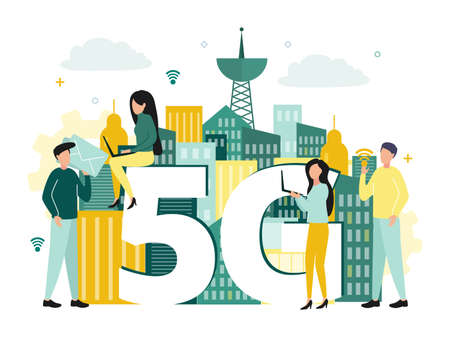 Vector illustration of 5G internet. Men and women with smartphones and laptops near the letter G and...